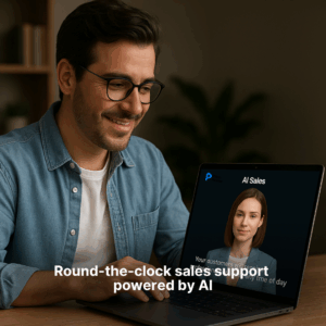 Man using Pitch Avatar AI Chat-avatar tool on a laptop to manage 24/7 online sales support for an e-commerce store